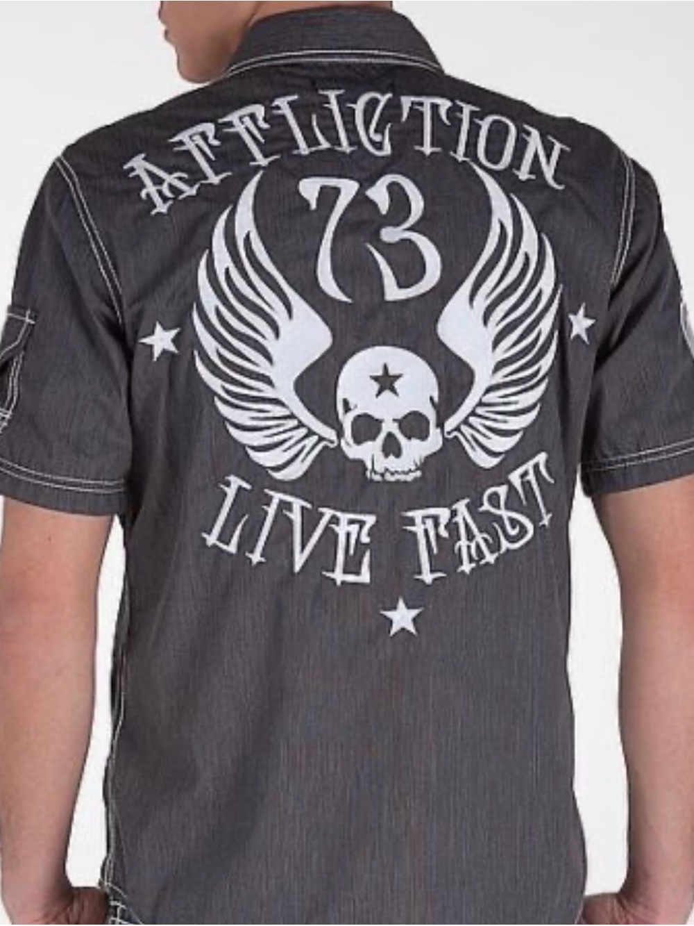 Affliction Black Premium Pinstripe Utility Shirt Mens Large Embroidered Skull